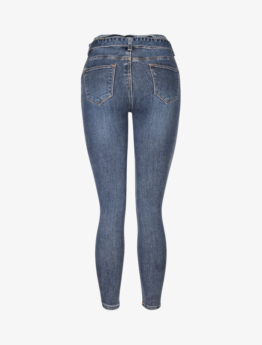 Jean skinny à ceinture à nouer - Bleu denim - 2