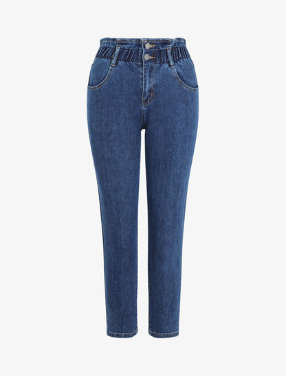 Jean mom à taille haute élastiquée - Bleu denim - 1
