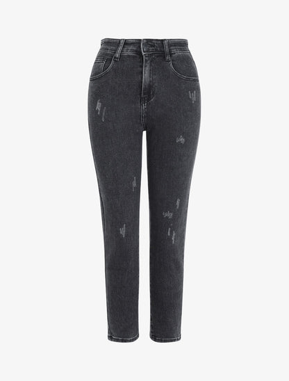 Jean mom à détail griffures - Gris foncé - 1
