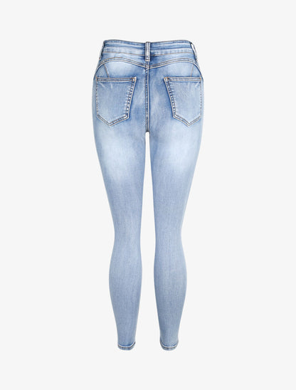 Jean push up délavé à taille haute - Bleu - 2