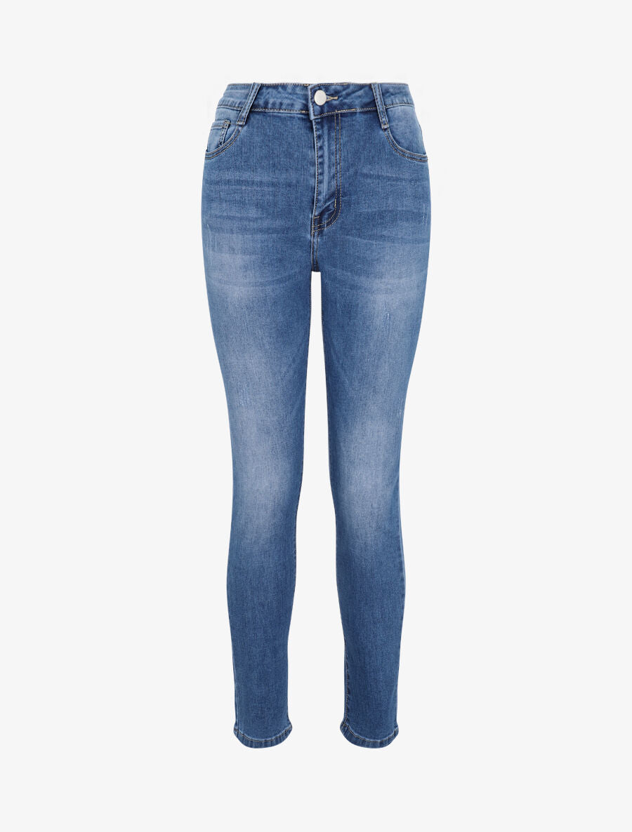 Jean skinny grande taille délavé et griffé - Bleu - 1
