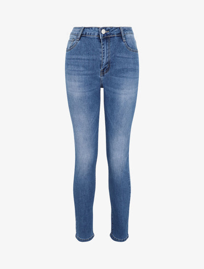 Jean skinny grande taille délavé et griffé - Bleu - 1