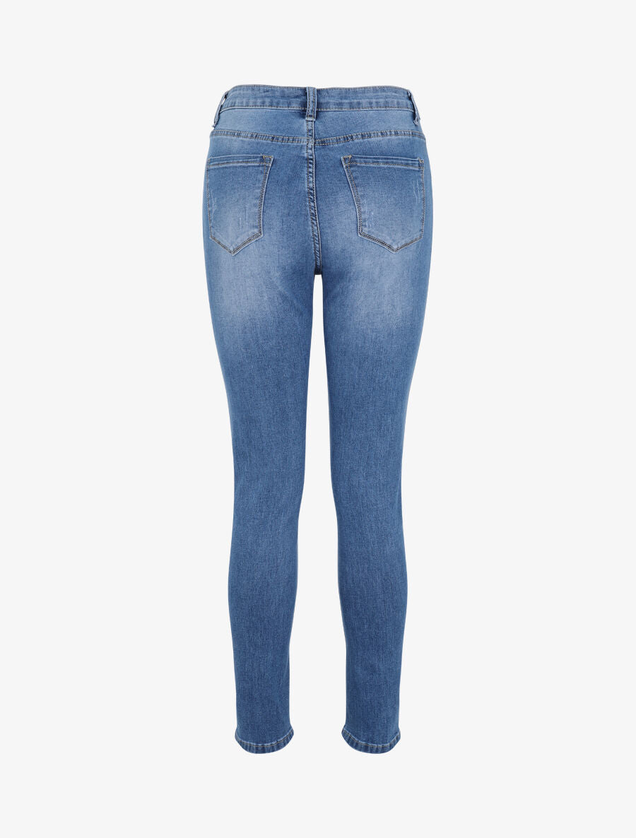 Jean skinny grande taille délavé et griffé - Bleu - 2