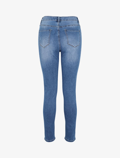 Jean skinny grande taille délavé et griffé - Bleu - 2