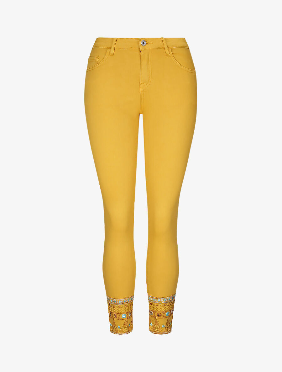 Jean 7/8 à bords ornés de broderies - Jaune moutarde - 1