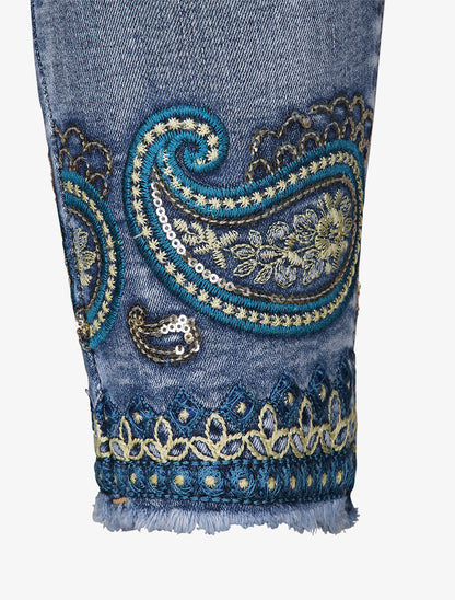 Jean slim taille haute broderie cachemire stylisée - Bleu - 3