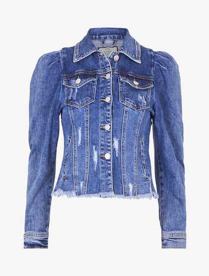 Veste en jean à manches gigot et à bords effilochés - Bleu denim - 3
