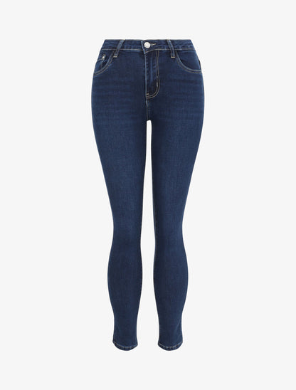 Jean skinny uni à taille haute - Bleu foncé - 4