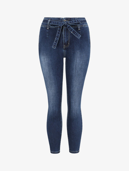 Jean slim 7/8 délavé à taille haute pincée - Bleu foncé - 4