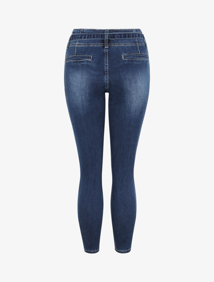 Jean slim 7/8 délavé à taille haute pincée - Bleu foncé - 2