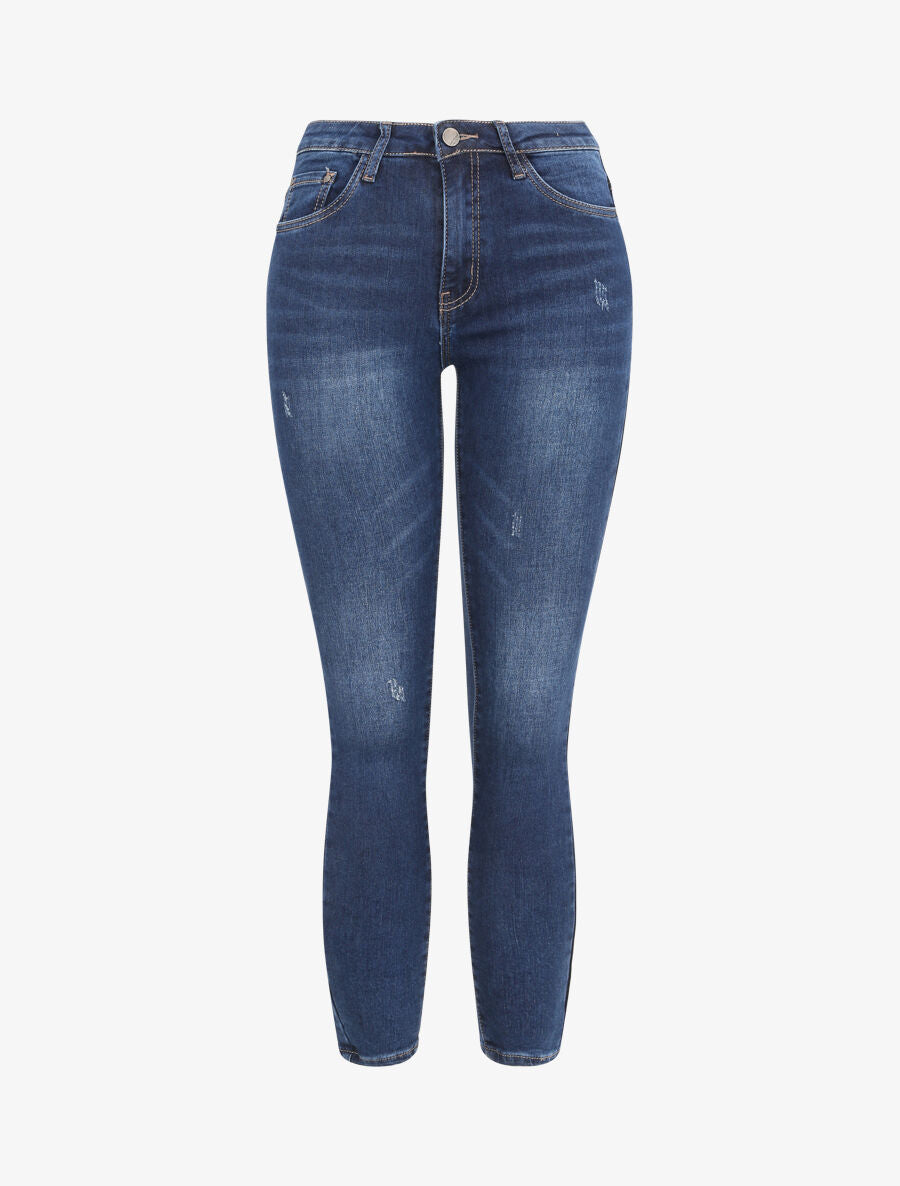 Jean skinny taille haute délavé et griffé - Bleu foncé - 1