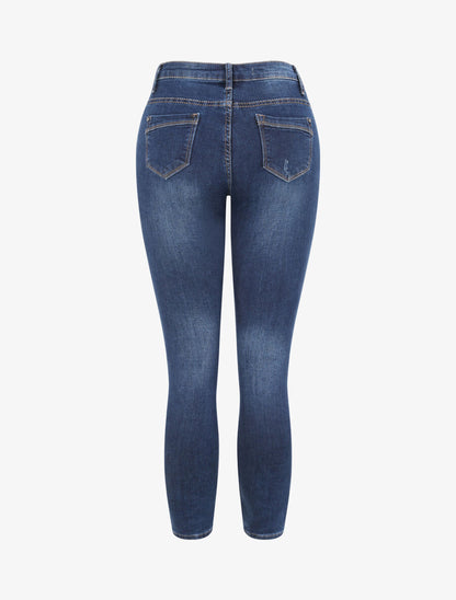 Jean skinny taille haute délavé et griffé - Bleu foncé - 2
