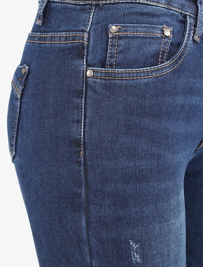 Jean skinny taille haute délavé et griffé - Bleu foncé - 3