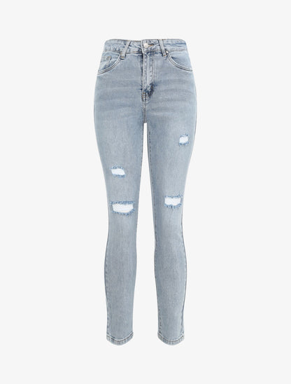 Jean skinny taille haute délavé et déchiré - Bleu clair - 1