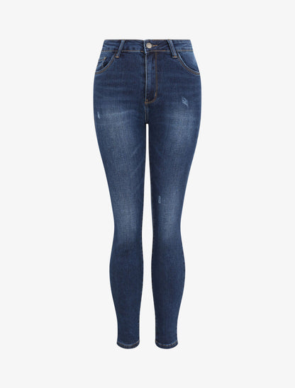 Jean grande taille skinny délavé à taille haute - Bleu - 1