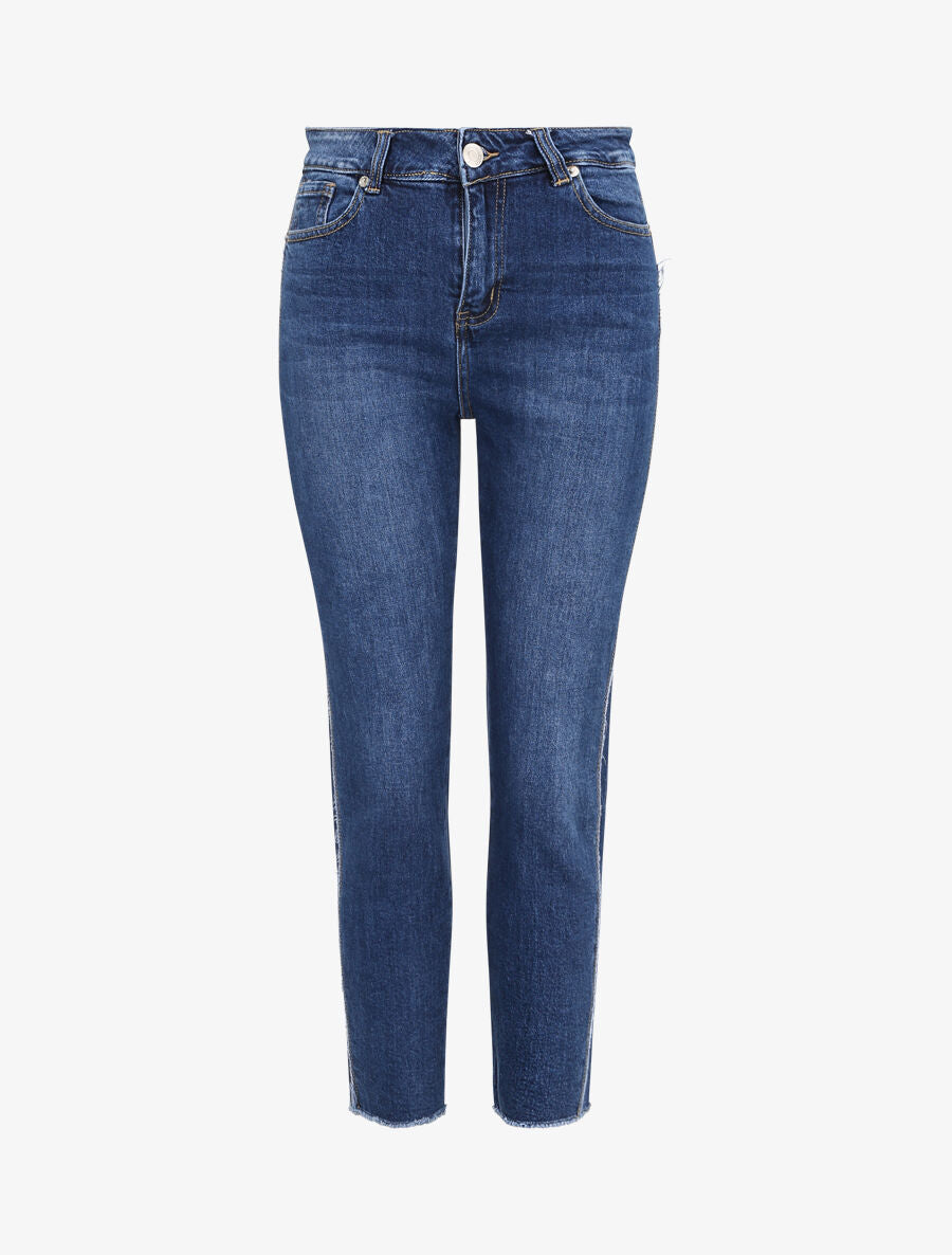 Jean boyfriend taille haute à empiècement effiloché - Bleu denim - 1