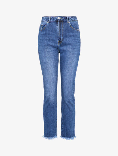 Jean boyfriend à bords effilochés - Bleu denim - 1