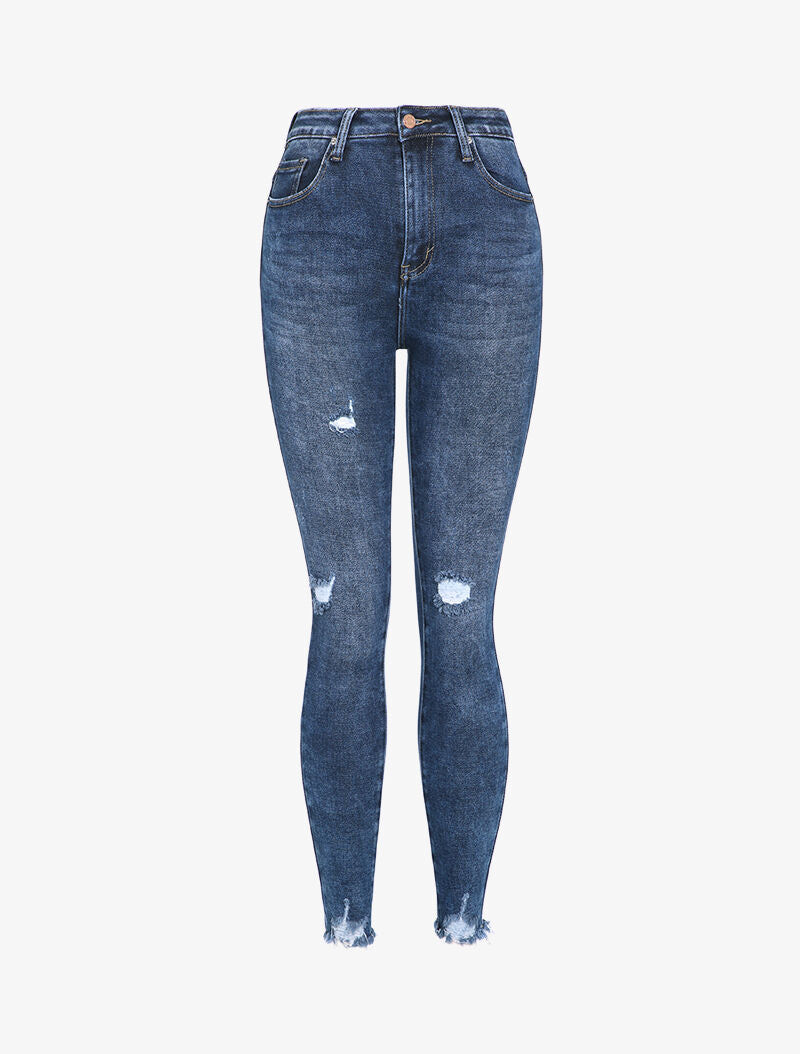 Jean skinny taille haute déchiré à bords effilochés - Bleu denim - 1