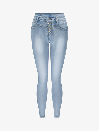 Jean slim délavé à taille haute boutonnée - Bleu clair - 1