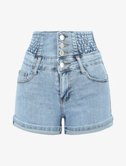 Short en jean à taille haute élastiquée - Denim clair - 4