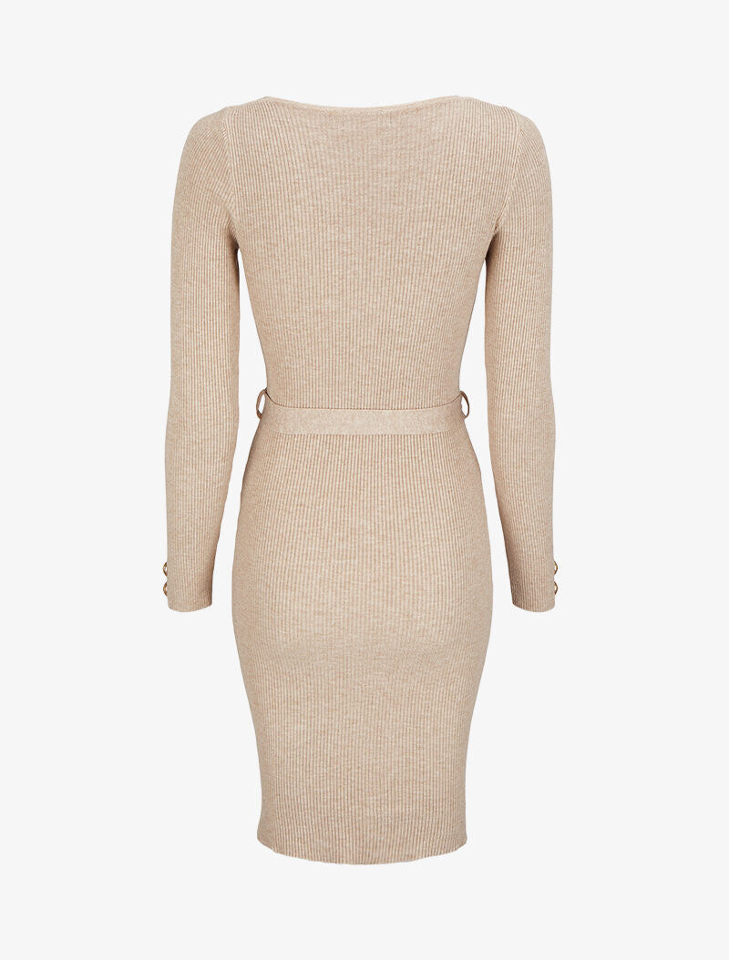 Robe pull mi-longue et côtelée à boutons décoratifs - Beige - 2