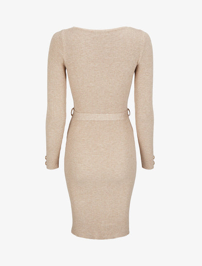 Robe pull mi-longue et côtelée à boutons décoratifs - Beige - 2