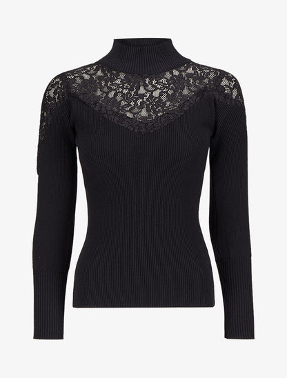 Pull côtelé à épaules en dentelle et col montant - Noir - 1