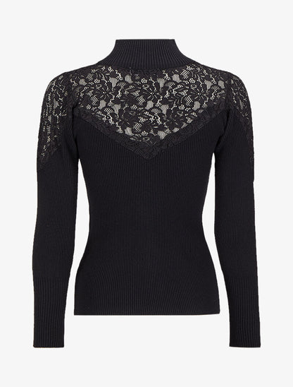 Pull côtelé à épaules en dentelle et col montant - Noir - 2