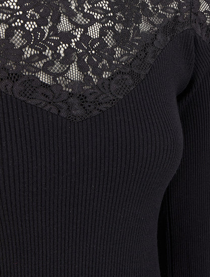 Pull côtelé à épaules en dentelle et col montant - Noir - 3