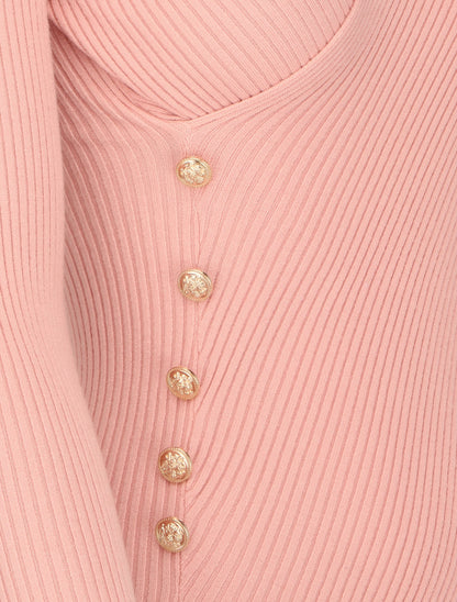 Pull côtelé à col cache-coeur et bord asymétrique - Rose - 3