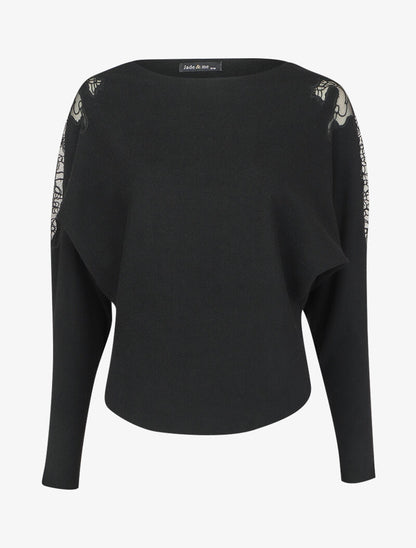 Pull manches dolman à motifs en tulle transparent et bords arrondis - Noir - 4