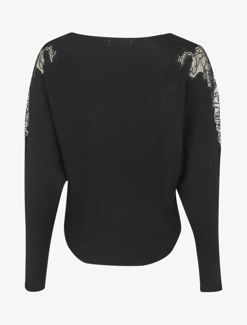 Pull manches dolman à motifs en tulle transparent et bords arrondis - Noir - 2