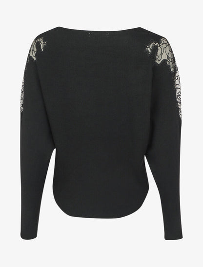 Pull manches dolman à motifs en tulle transparent et bords arrondis - Noir - 2