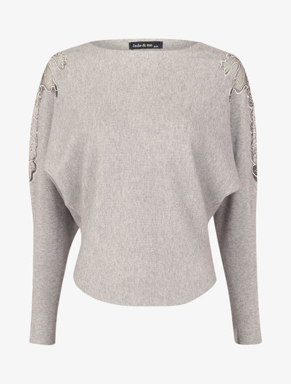 Pull manches dolman à motifs en tulle transparent et bords arrondis - Gris chiné - 1