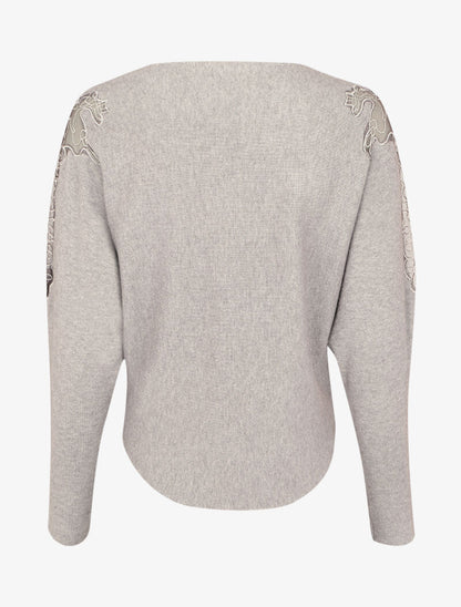Pull manches dolman à motifs en tulle transparent et bords arrondis - Gris chiné - 2