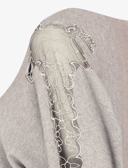 Pull manches dolman à motifs en tulle transparent et bords arrondis - Gris chiné - 3