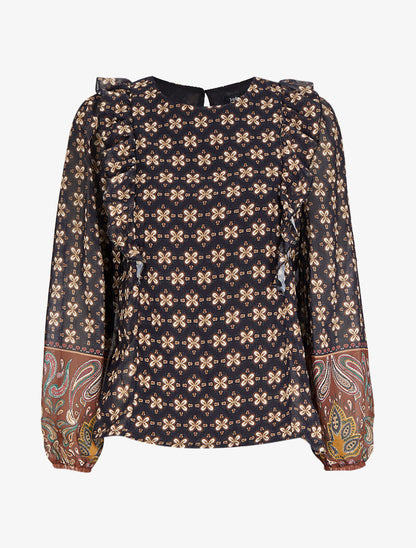 Top à double imprimé et épaules volantées - Noir - 1