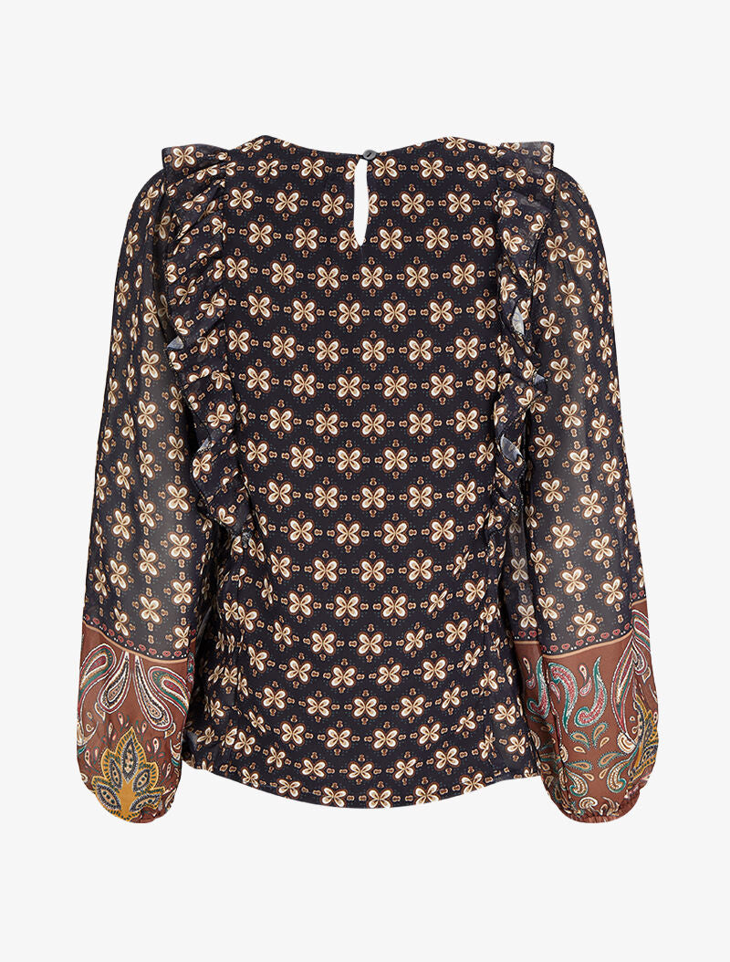 Top à double imprimé et épaules volantées - Noir - 2