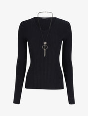 Pull côtelé à col V - Noir - 1