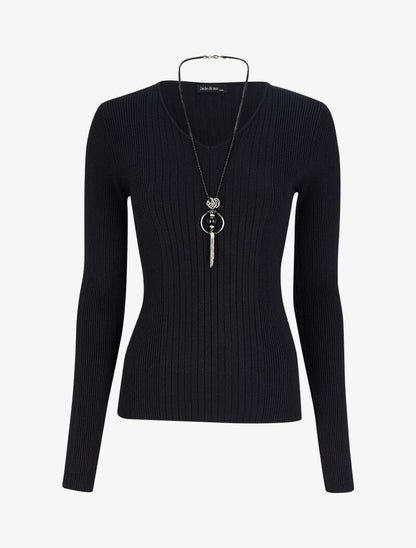 Pull côtelé à col V - Noir - 1