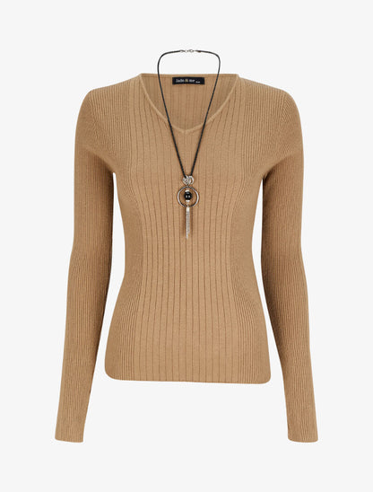 Pull côtelé à col V - Beige - 1