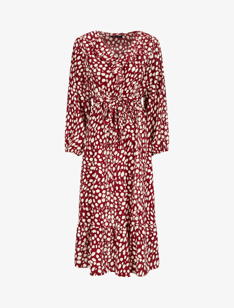 Robe imprimé moucheté à col V volanté - Lie de vin - 4