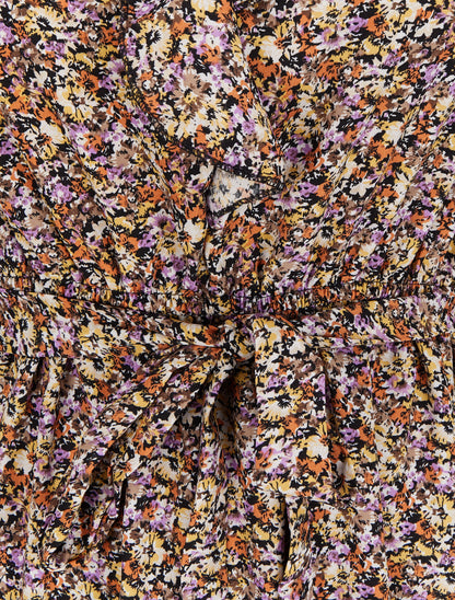 Robe imprimé fleuri à col V volanté - Noir - 3