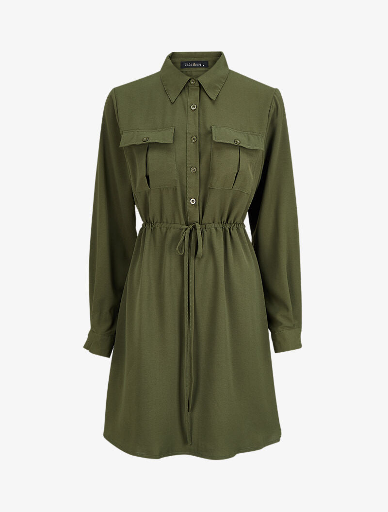 Robe chemise mi-longue à lien à nouer - Kaki - 1