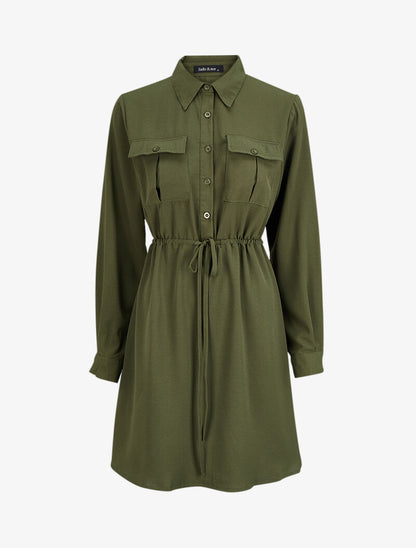 Robe chemise mi-longue à lien à nouer - Kaki - 1