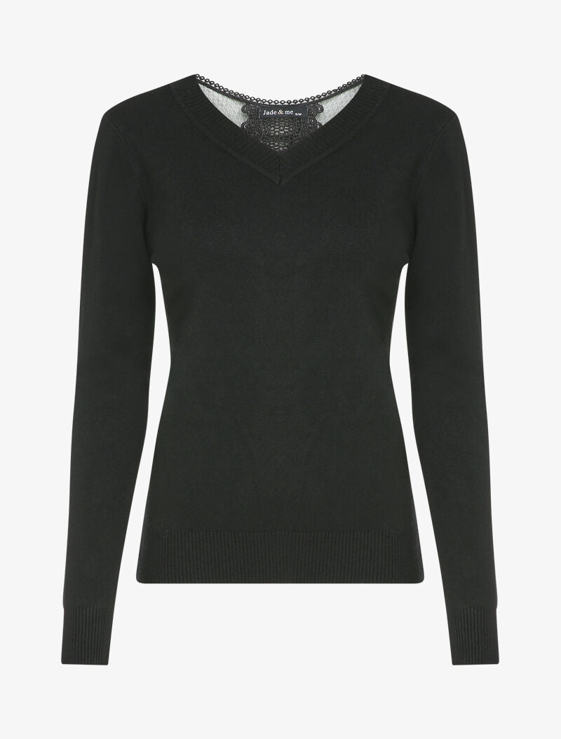Pull fin à dos en dentelle ajourée - Noir - 4