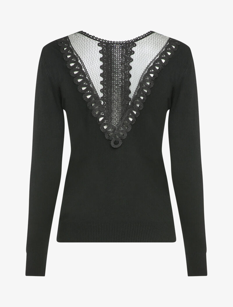 Pull fin à dos en dentelle ajourée - Noir - 2