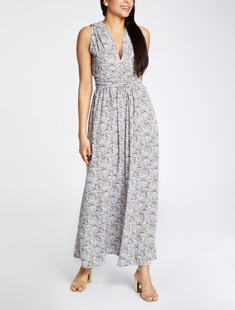 Robe longue à imprimé fleurs du printemps - Bleu - 4