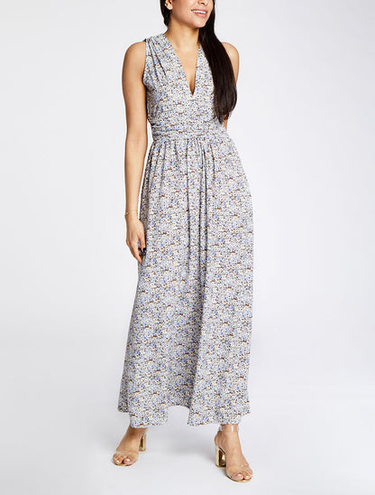 Robe longue à imprimé fleurs du printemps - Bleu - 4