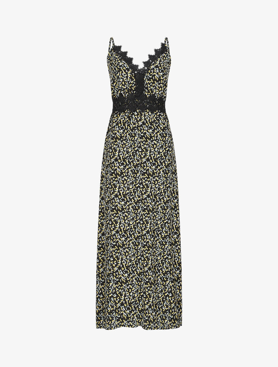 Robe longue à fleurs graphiques et à fines broderies - Noir - 1